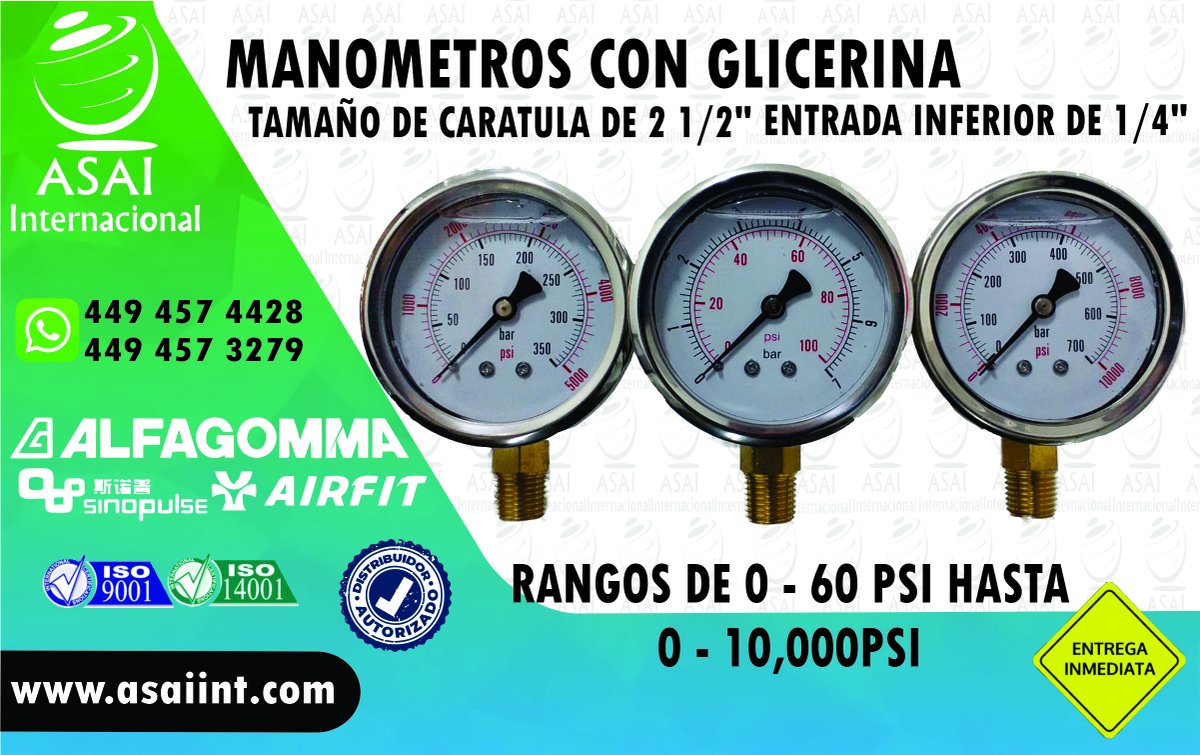 ASAIINTERNACIO1's tweet photo. Si de manómetros de trata, llegaste al lunar correcto, contamos con rangos desde 0-60PSI pero ntp si requieres mayor rango tenemos hasta de 10,000psi
#Aguascalientes #conexiones #mangueras #manguerashidraulicas
#hidraulica #neumatica #conexionesneumaticas #alfagomma #hydraulichos https://t.co/PUTbp84wus
