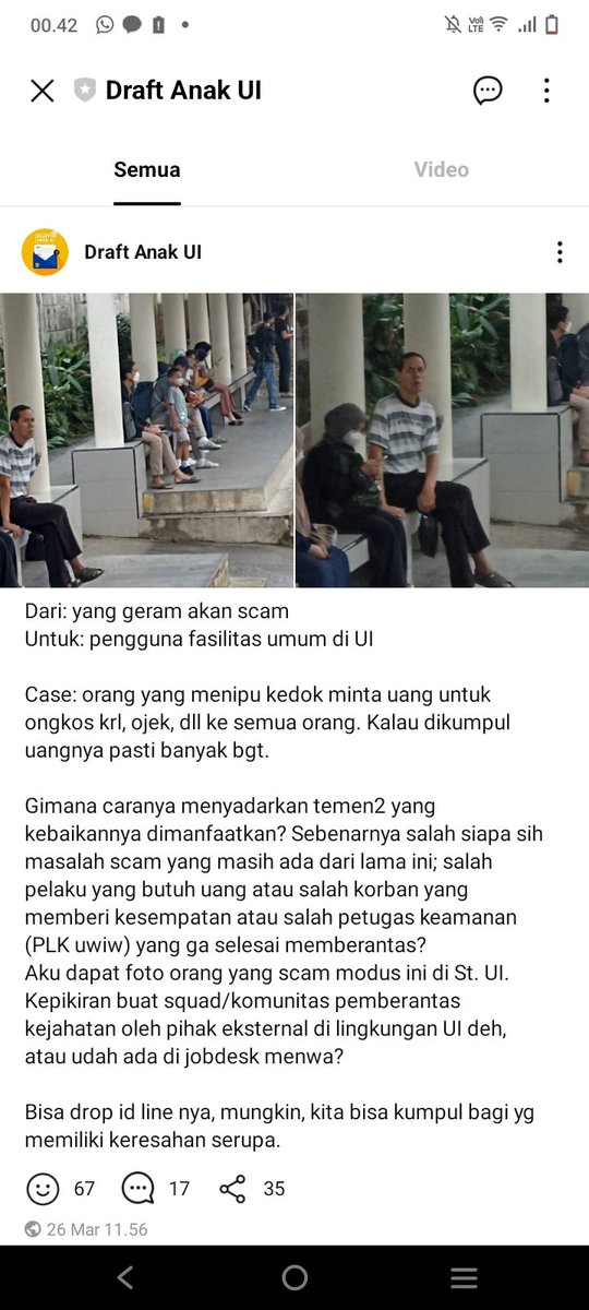 <a href="/eugeniusmario/">Mario</a> <a href="/ui_fess/">#uifess</a> Kak di UI tuh emang banyak banget scam kek modusnya minta duit dengan alesan kepepet. Saya pernah didatengin ama orang asing buat minta uang buat naik kereta. Pernah juga dimintai beli buku dengan modus kek sok deket. Ada sekitar 4 kali nemuin kjadian kek gini