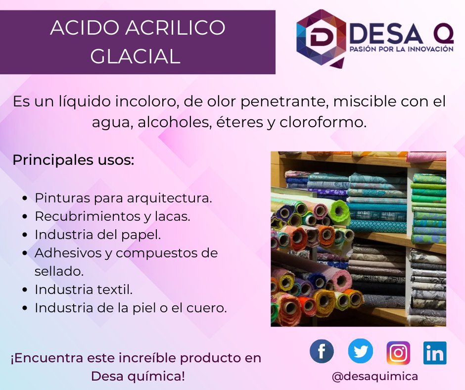 DesaQuimica's tweet photo. ¿Sabías qué?
El ácido acrílico glacial se utiliza como polímero y entre sus principales aplicaciones se encuentra la industria del papel, entre muchas otras.

En Desa química encontrarás este y otros productos químicos. 📲📲📲📲📲📲 Contáctanos 442 850 0726. https://t.co/8i74qaBKrN