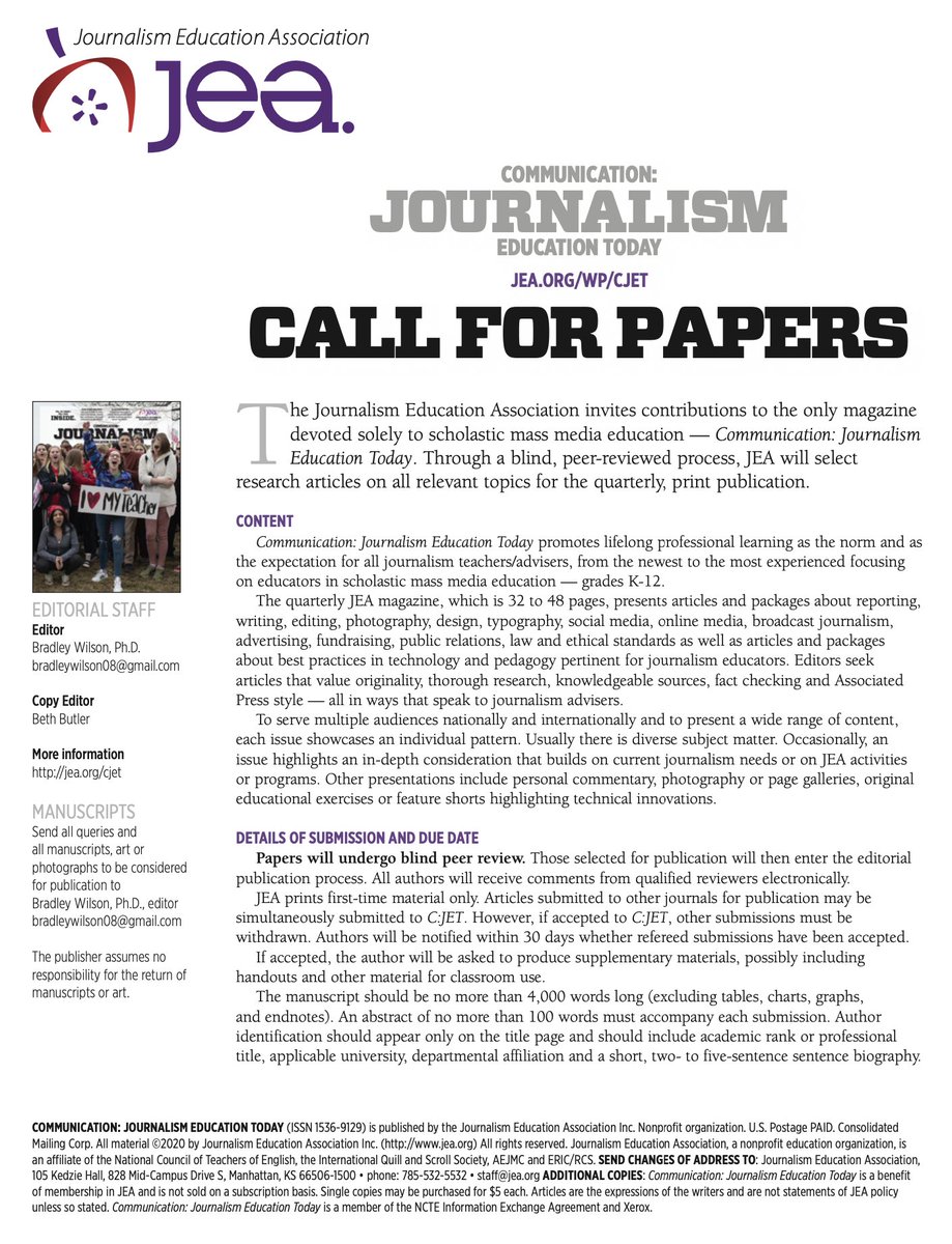 bradleywilson09's tweet image. Academics: Doing research in scholastic media advising or teaching any aspect of media/journalism — Submit to the @nationalJEA magazine for peer-review. @aejmc @AejmcS jea.org/wp/home/for-ed…