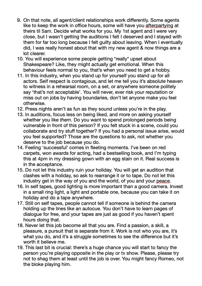 Gave a speech last night to students graduating drama school then was like - this stuff needs to be shared with all young actors. Feel free to pass on, let's help one another x