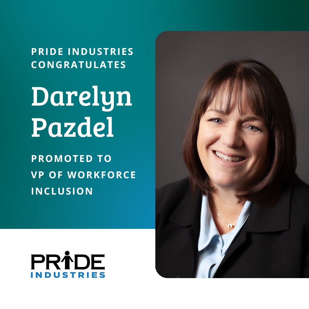 tweetsforpride's tweet image. Congratulations to 25-year #PRIDEIndustries leader Darelyn Pazdel for being named Vice President of Workforce Inclusion. In her new role, she leads 400 #workforceinclusion team members developing integrated, community-based employment pathways for #peoplewithdisabilities.