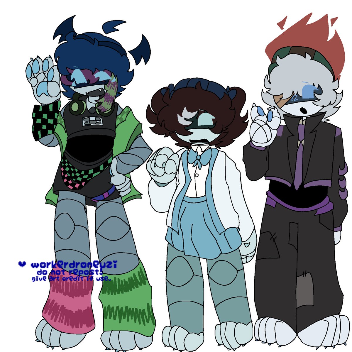 workerdroneuzi's tweet photo. full body designs for emily, rebs, and braiden!! rah!! #murderdronesemily #murderdronesbraiden #murderdronesrebecca #glitchproductions #murderdronesfanart #emily #braiden #rebecca https://t.co/7PctQVWz1z
