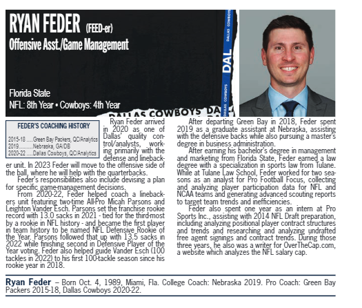 JoeyIckes's tweet photo. The Cowboys media guide is always a treasure trove of information.

For example. the Cowboys have a coach on their staff who spent two seasons working for @PFF and three years writing for OvertheCap. And his job title includes "Game management" https://t.co/zE6Rf3pbr9