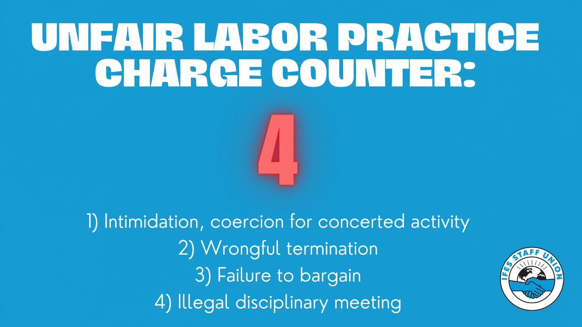IFESUnion's tweet image. Unfortunately, we had to file another unfair labor practice charge against @IFES1987 because @TonyBanbury “interfered with, constrained, [and/or] coerced” an employee by referring her for discipline for exercising her right to concerted activity. (1/)