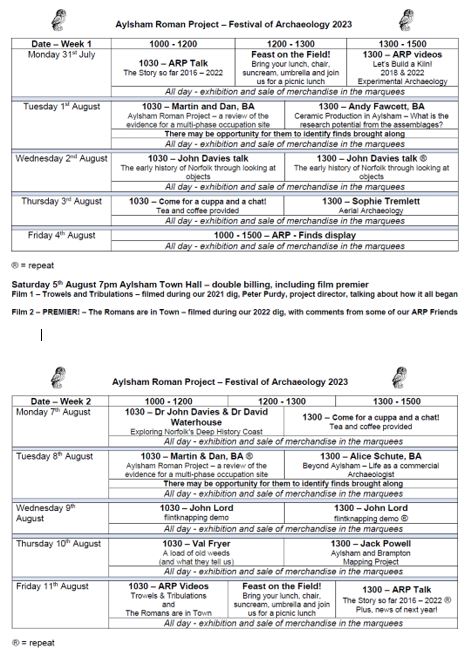 We are so looking forward to seeing ARP Friends and new faces, and Beryl Hines, pottery and kiln firing expert and Julie Curl, bone and tile specialist, who have been joining us over the past few years whenever they have been able to.
Check out the programme below.