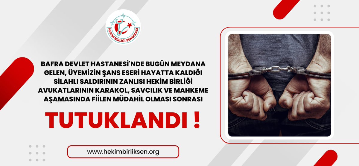 hekim_birligi's tweet photo. @bafra_devlet bugün meydana gelen, üyemizin şans eseri hayatta kaldığı silahlı saldırının zanlısı @hekim_birligi avukatlarının  karakol, savcılık ve mahkeme aşamasında fiilen müdahil olması sonrası tutuklanmıştır. Zanlı cezaevine nakledilmektedir.

Tekrar vurgulamak istiyoruz ki burada zanlının tutuklanması elbette önemlidir, ancak esas önemli olan benzer olayların yaşanmaması için gerekli tedbirlerin alınması, caydırıcı yasal düzenlemelerin  @TBMMGenelKurulu tarafından bir an önce yapılmasıdır.

“Sağlık teröristleri” cezasız kalmamalı bu şiddet sarmalına dayalı vandalizm etkili önlemlerle son bulmalıdır.

Şiddet başta olmak üzere içinde bulunduğumuz olumsuz  koşullara güçlü biçimde itiraz etmek üzere,
 1 ve 2 Ağustos tarihlerinde yapılacak iş bırakma eylemlerine tüm hekim ve sağlık çalışanları katılım sağlayarak destek olmalıdır.

#GelinBirlikOlalım