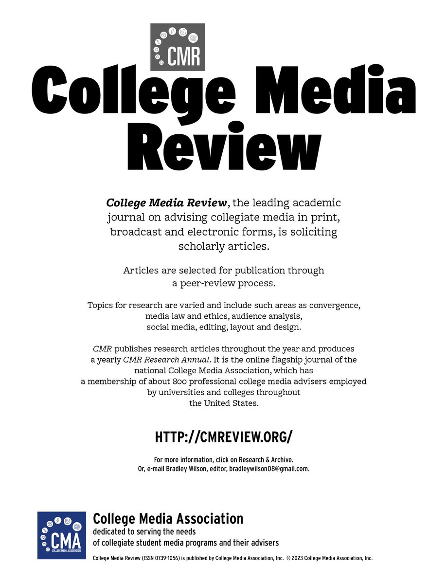 Dr. Bradley Wilson (@bradleywilson09) on Twitter photo Academics: Doing research in college advising or teaching any aspect of college media/journalism? Submit to the <a href="/collegemedia/">College Media Association</a> magazine for peer-review. <a href="/AejmcS/">AEJMC_SJD</a> <a href="/aejmc/">AEJMC</a> <a href="/collegemedia/">College Media Association</a> <a href="/acpress/">Associated Collegiate Press</a> cmreview.org Academics: Doing research in college advising or teaching any aspect of college media/journalism? Submit to the <a href="/collegemedia/">College Media Association</a> magazine for peer-review. <a href="/AejmcS/">AEJMC_SJD</a> <a href="/aejmc/">AEJMC</a> <a href="/collegemedia/">College Media Association</a> <a href="/acpress/">Associated Collegiate Press</a> cmreview.org