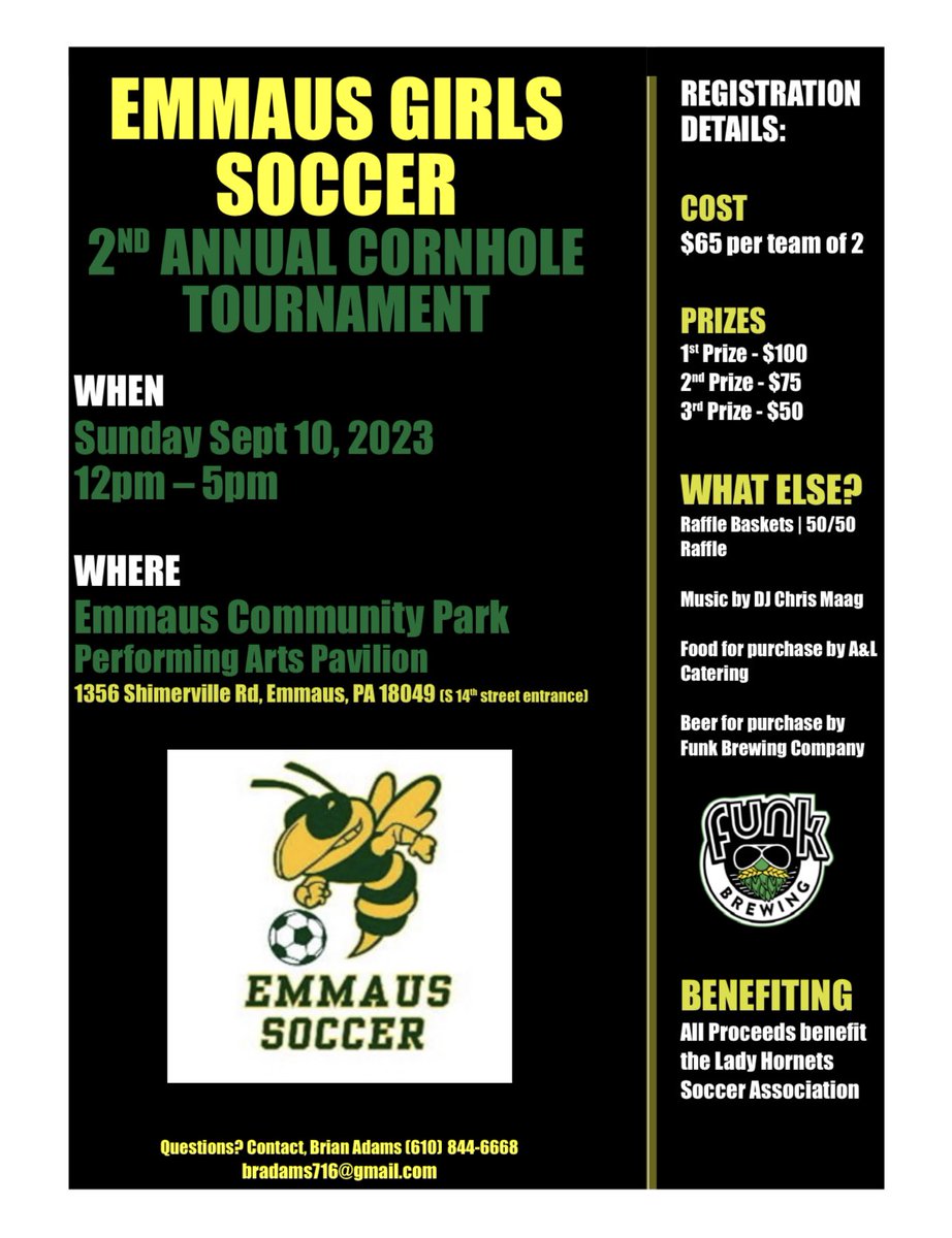 2nd Annual Cornhole Tournament! Come out and support our program on Sunday, September 10 from 12-5 at Emmaus Community Park!