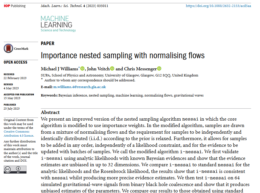 MLSTjournal's tweet photo. Great new work by @michael_j_will @JohnVeitch and Chris Messenger @LIGO @UofGPhysAstro @UofGlasgow @physicsscotland - 'Importance nested sampling with #normalisingflows' - https://t.co/jiFIBs9dkI #machinelearning #gravitationalwaves #cosmology #AI #algorithms #astrophysics #HPC https://t.co/vH1EfBMYVF