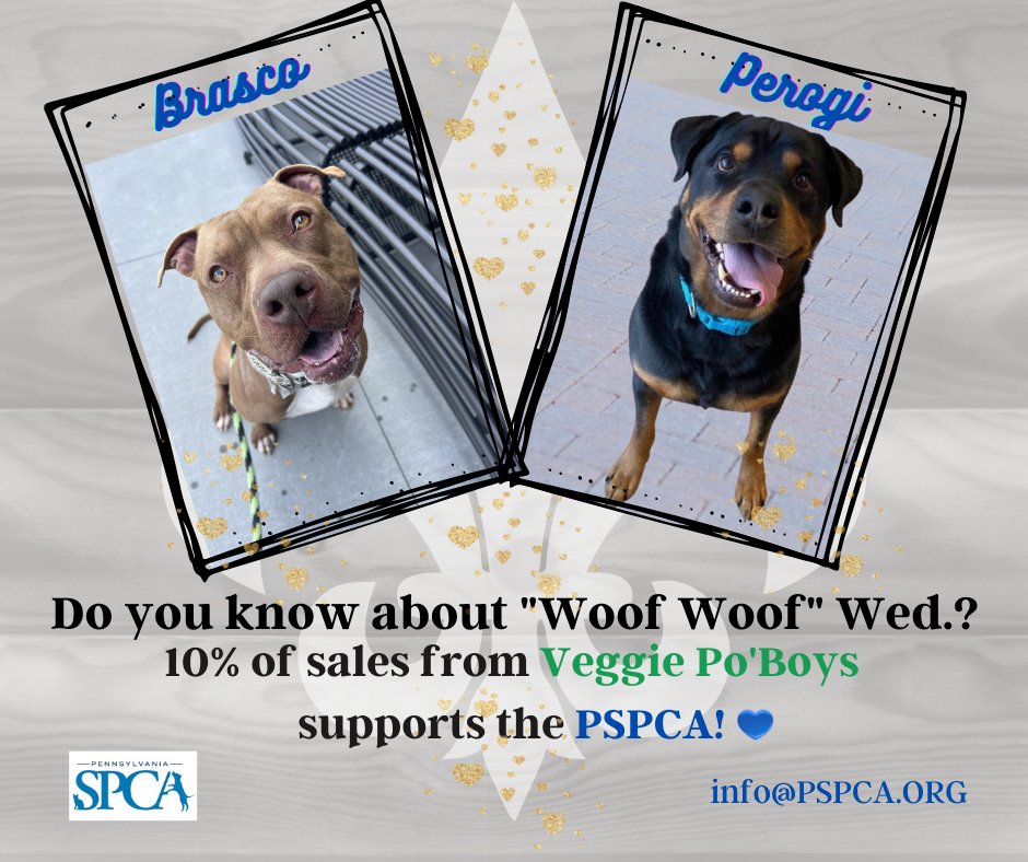 Want a ridiculously yummy way to eat more veggies?
Grab a #Veggie #PoBoy in support of the @PSPCA on 'Woof Woof' Wednesday! 💚 
#fureverhomes for Brasco & Perogi #adoptdontshop #twitterpups #doglovers #dogsoftwitter #dogsarefamily #dogs #phillyfoodbloggers #phillyfoodies #doglife