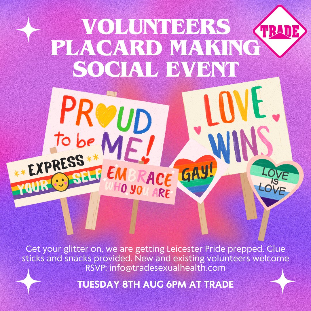 Volunteer placard making social event 🏳️‍🌈

📍 Trade Office
👉 6pm
👉 Tuesday 8th August

RSVP: info@tradesexualhealth.com

#LGBTQIA #LGBT #lgbtqhealth #stitesting #stihealth #wellbeing #STIs #Pride