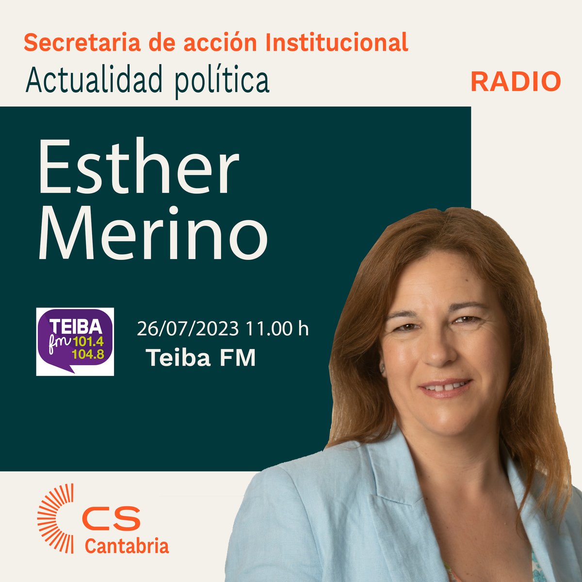 Mañana 26 de julio a las 11.00, estará en Teiba FM para comentar los resultados de las elecciones generales de 23 de julio, nuestra Secretaria de Acción institucional, Esther Merino.