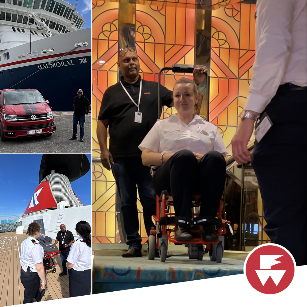 fernoukltd's tweet image. Sujit one of our BDM’s had an amazing day onboard the Balmoral Cruise Liner demonstrating the PowerX Stretcher &amp;amp; the Venice PowerTraxx chair with the crew –  using this stunning ArtDeco staircase to demonstrate the Ferno powered chair.
Thanks to everyone that took part in the day