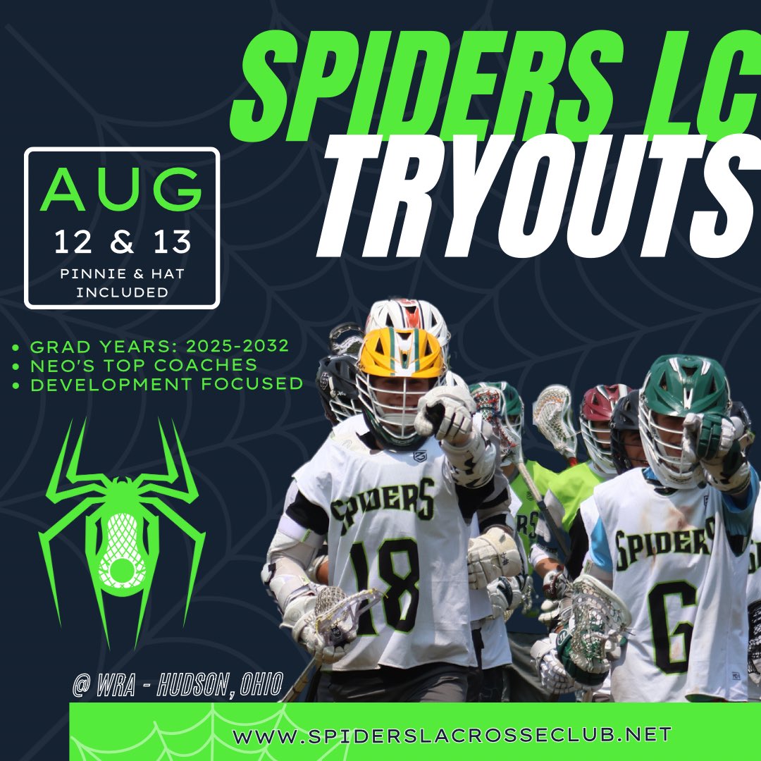 Spiders Lacrosse Club is hosting tryouts for the 2025-2032 grad years. 

🗓️: August 12 &amp; 13 
📍: Hudson, Ohio 
🔗 in bio