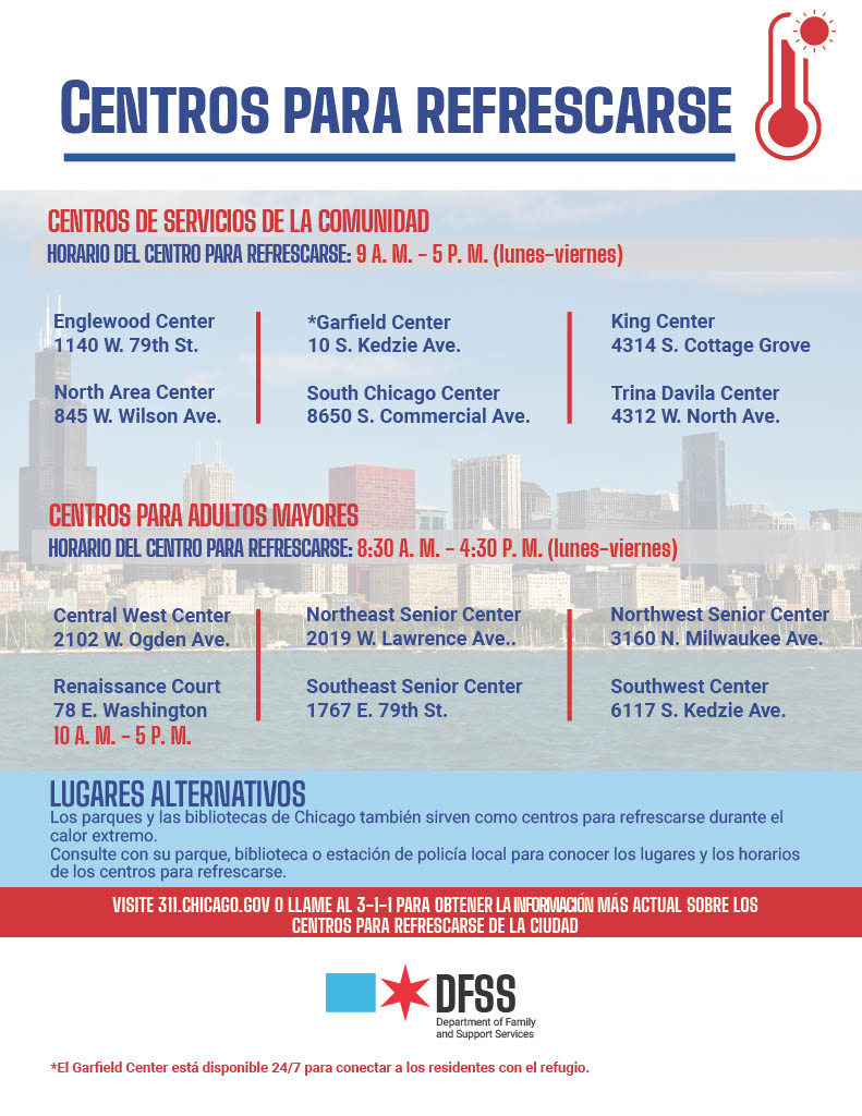 Chicago Department of Family & Support Services (@chifamsupport) on Twitter photo It's a hot one Chicago! 🥵But DFSS' six cooling centers are open! Additional locations such as the <a href="/chipublib/">Chicago Public Library</a>, the <a href="/ChicagoParks/">Chicago ParkDistrict</a> & our DFSS senior centers are also open to provide relief from the extreme heat. Call 3-1-1 for location hours & well being checks!
#StayCoolChicago It's a hot one Chicago! 🥵But DFSS' six cooling centers are open! Additional locations such as the <a href="/chipublib/">Chicago Public Library</a>, the <a href="/ChicagoParks/">Chicago ParkDistrict</a> & our DFSS senior centers are also open to provide relief from the extreme heat. Call 3-1-1 for location hours & well being checks!
#StayCoolChicago