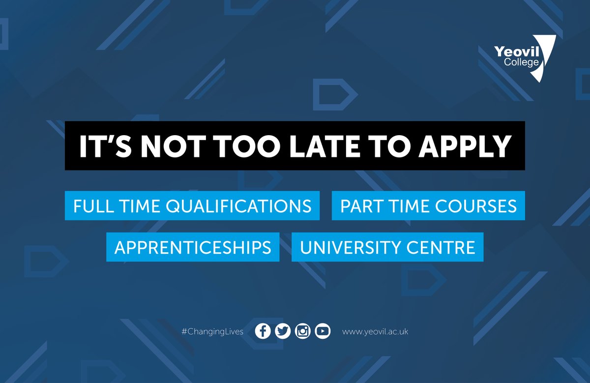 YeovilCollege's tweet photo. It is not too late to apply! We are still taking late applications for all full-time study programmes starting this September.

If you want to find out more, contact our iZone team: iZone@yeovil.ac.uk or 01935 423921, or visit https://t.co/ZDJdhBLL3q to explore our course options https://t.co/T43jbLMPHc
