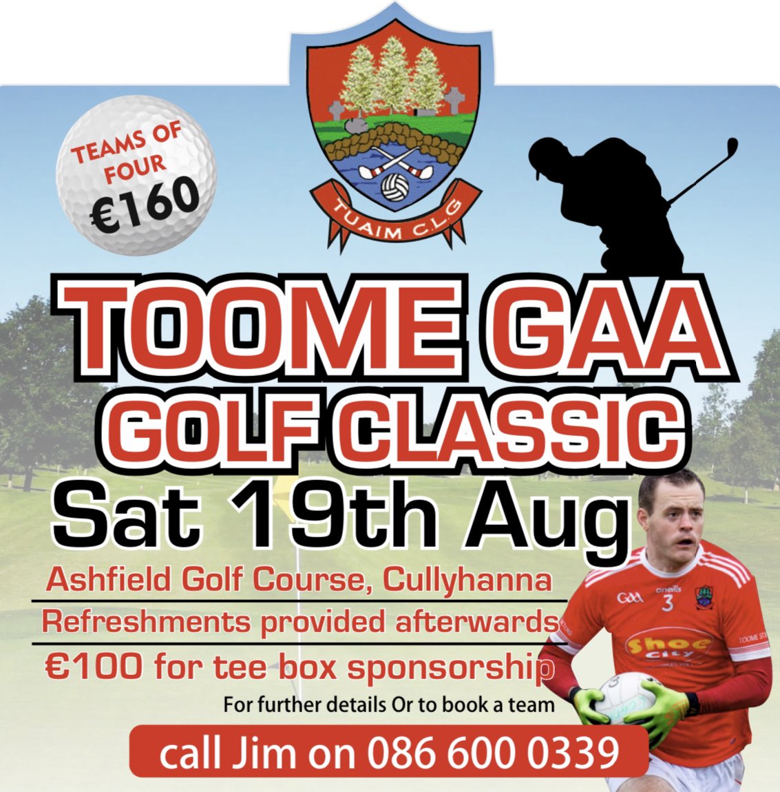 The Toome Golf Classic is back! 
Contact Jim McArdle to secure your place 086 600 0339📞 
Teams of 4 are €160 &amp; tee box sponsorship is €100🔴⚪️

Apart from being a fantastic day, this event is a very important fundraiser for the Club, all support greatly appreciated #retweet