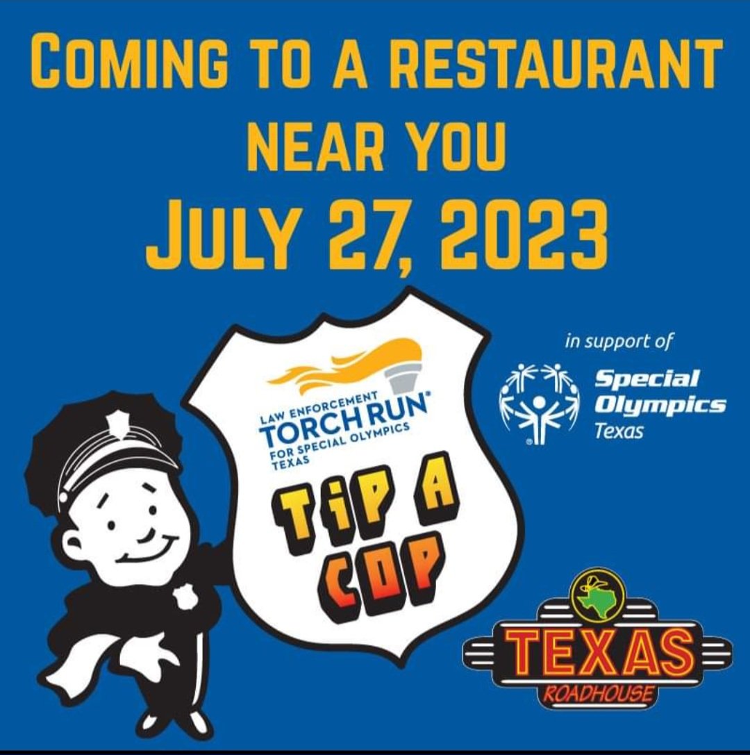 DON'T MISS IT! 🚔 Bring the family out to dinner at any Houston area @texasroadhouse this Thursday, from 5-9 pm for the @SOTexas Tip A Cop event! 👮‍♀️ 👮‍♂️ You may spot a few of your local LE Torch Run members and some @LamarCISD Renegade athletes. @lamar_cisd @TiffanyKMathis