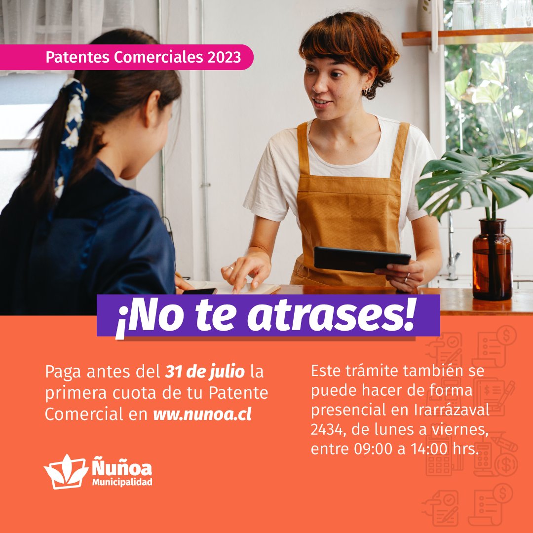 MuniNunoa's tweet photo. Evita multas y cancela a tiempo tu #PatenteComercial ☝🏻

Ingresa a https://t.co/H86f8NVRjk 💻 Hay múltiples opciones de pago 💳

Para realizar el trámite solo necesitas el ROL de tu establecimiento comercial.

En caso de dudas, escribir a patentecomercial@nunoa.cl o bien llamar a los teléfonos 2 33 222 807 - 2 33 222 813 ☎️