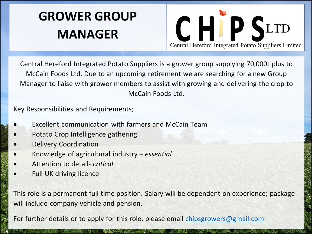 Potato producers, please share:

A quality employment opportunity has arisen in Herefordshire following the impending retirement of the incumbent (17 years in-role) - Please do share far and wide 😎👌👍 #potatoes #mccainfoods #agriculture #herefordshire #steppingstone #bigpicture