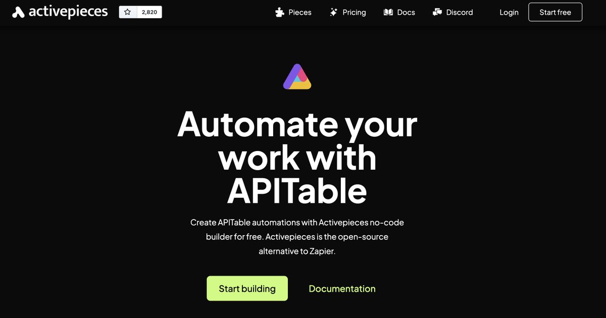aitable_ai's tweet photo. 🚀#APITable & #Activepieces are teaming up!
You can now easily integrate with 100+ apps including
@SlackHQ
@stripe
@YouTube
@salesforce
@gmail
...
🌟All source codes for @apitable_com @activepieces
are available on GitHub.
Boost efficiency 10x now👉https://t.co/BN569gps6O https://t.co/SN6G8GA2k2