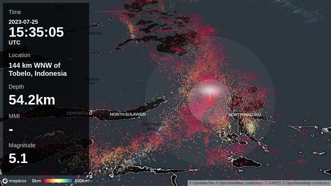 On 2023-07-25, at 15:35:05 (UTC), there was an earthquake around 144 km WNW of Tobelo, Indonesia. The depth of the hypocenter is about 54.2km, and the magnitude of the earthquake is estimated to be about 5.1.
https://t.co/AxYV6gbteo https://t.co/lEfmSpQaNf
