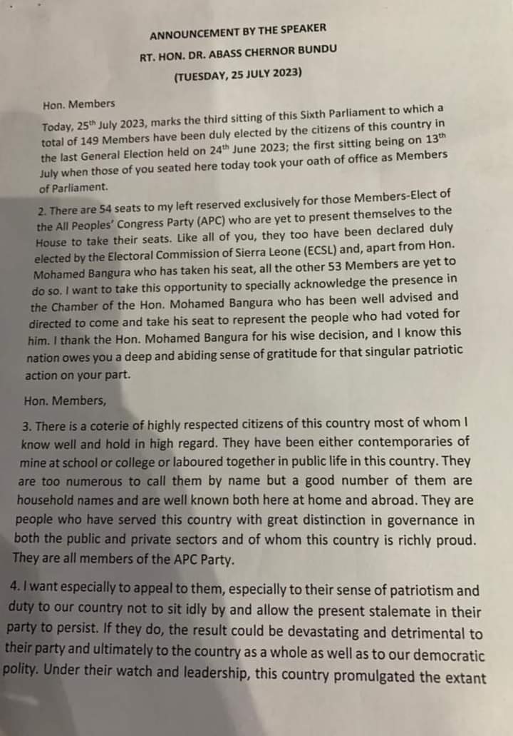KobinahK's tweet photo. Breaking News 

Speaker of Sierra Leone Parliament Dr. Abass Bundu sends warning to APC MPs.

"Come and take your seats before it's too late" https://t.co/oUaypgviWV