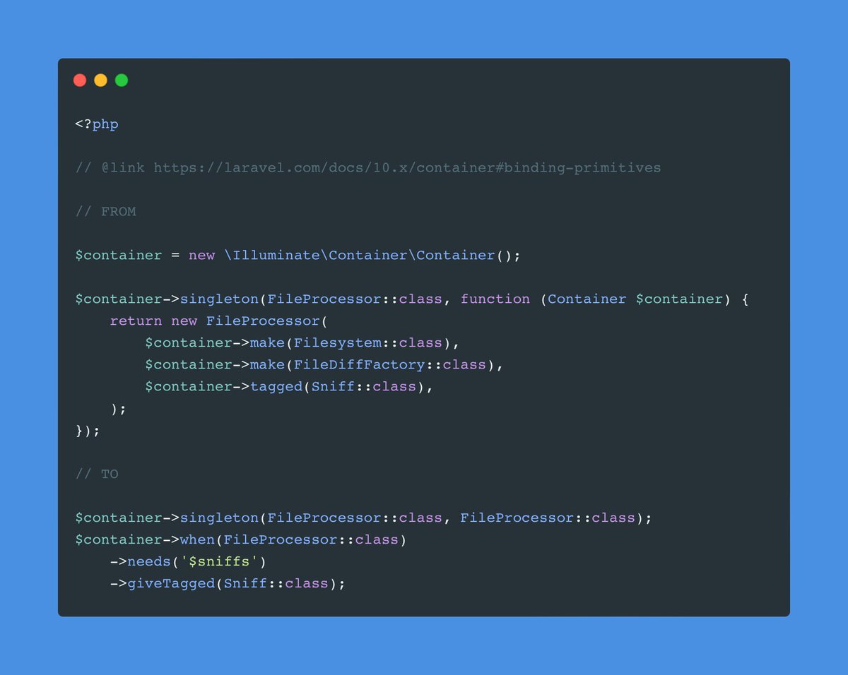 pionl's tweet photo. @VotrubaT @laravelphp For the FileProcesor resolving did you try when->give methods?

https://t.co/OyUouBoejv https://t.co/DiygEdEXRC