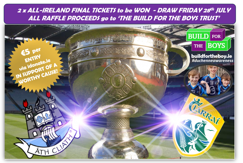 buildfortheboys's tweet photo. TICÉID AR FÁIL - ALL-IRELAND FINAL TICKETS to be WON!  All raffle proceeds go to 'The Build for the Boys Trust'. €5 to enter  via https://t.co/gdI5i4bRav… - Closes FRIDAY 28th June 5pm. PLEASE SHARE in support of https://t.co/yIweTFk47i 💜💚
#AllIrelandFinal #duchenneawareness https://t.co/bvt1UvspoX