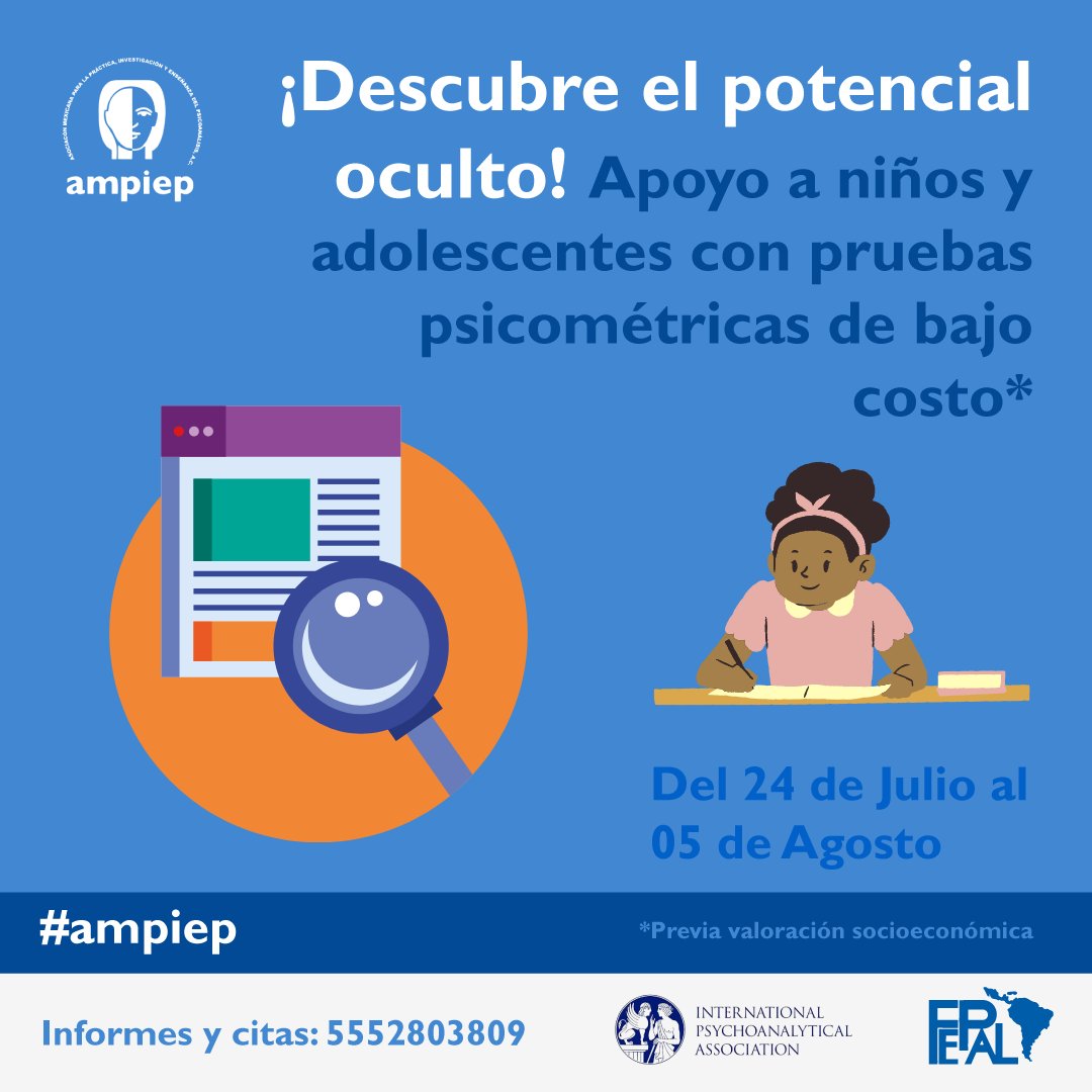 AMPIEPac's tweet photo. 🌟¡Apoyo a la Comunidad!🌟 Del 24 de Julio al 05 de Agosto, AMPIEP ofrece pruebas psicométricas a bajo costo para niños y adolescentes. ¡Reserva tu cita!📆💚 Informes y citas: 📞5552803809 #CampañaDeApoyo #BienestarJuvenil #AMPIEP #ApoyoComunitario #NiñosYAdolescentes #FEPAL https://t.co/vkJ3lZUOb0