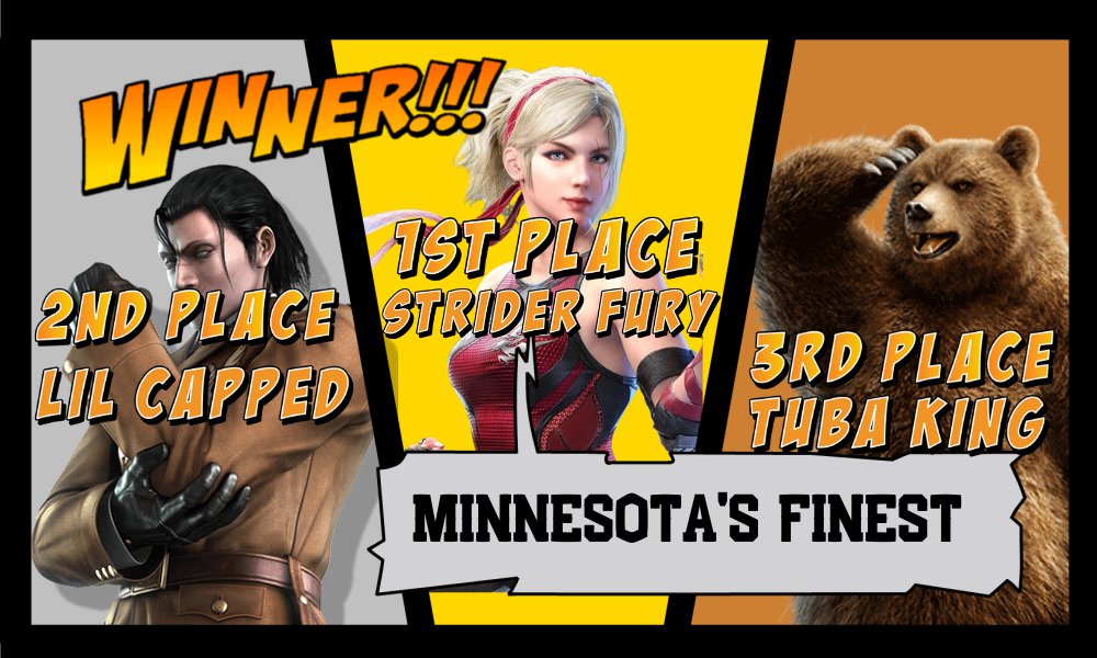 IowaFGC's tweet image. Tekken 7
1st @StriderFuryTv 
2nd @LilCapped 
3rd @King1Tuba