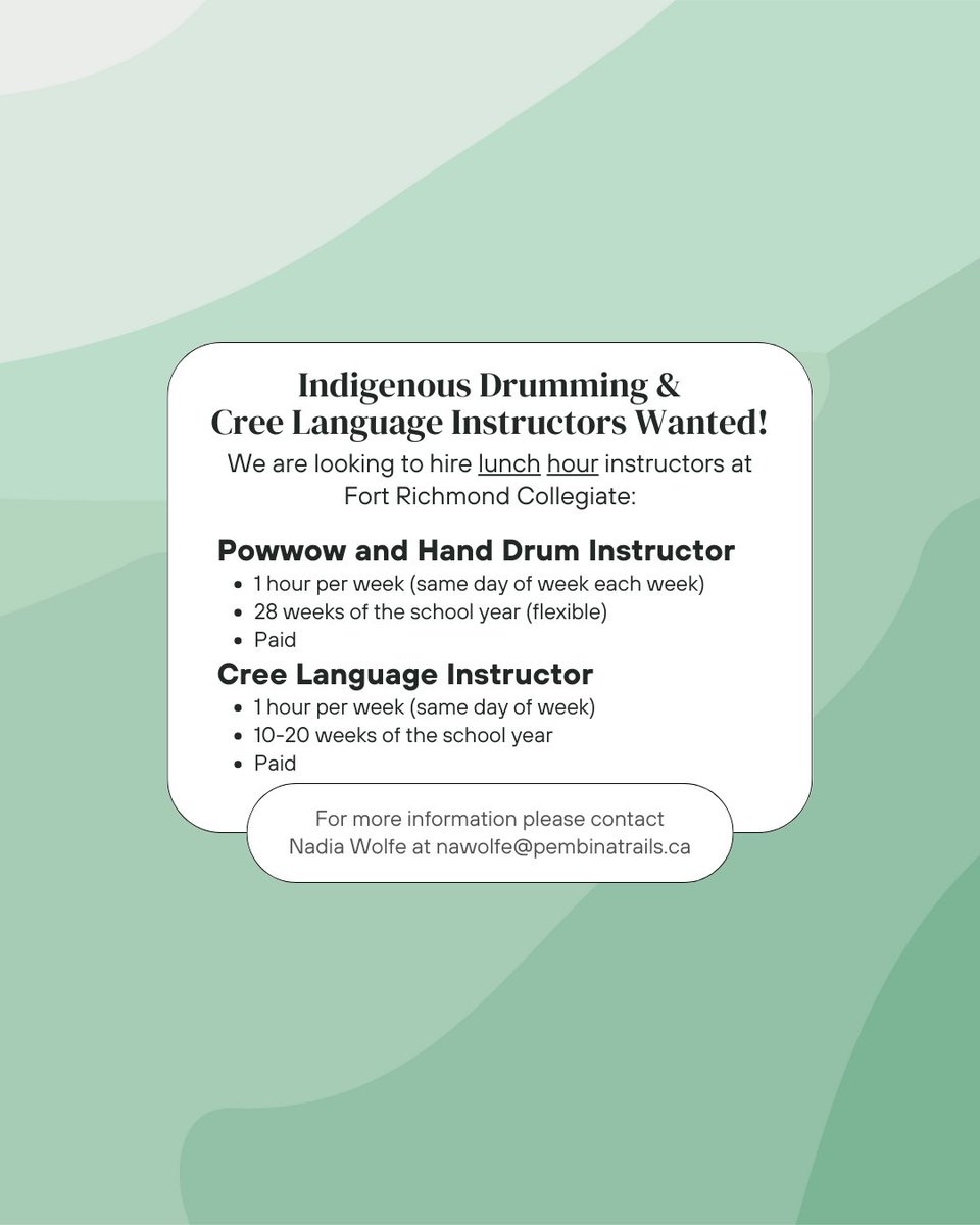 Looking to hire Powwow Drum and Hand Drum Instructor, and a Cree Language Instructor at FRC. Please contact me if you know anyone who would be interested or specific people I should contact.