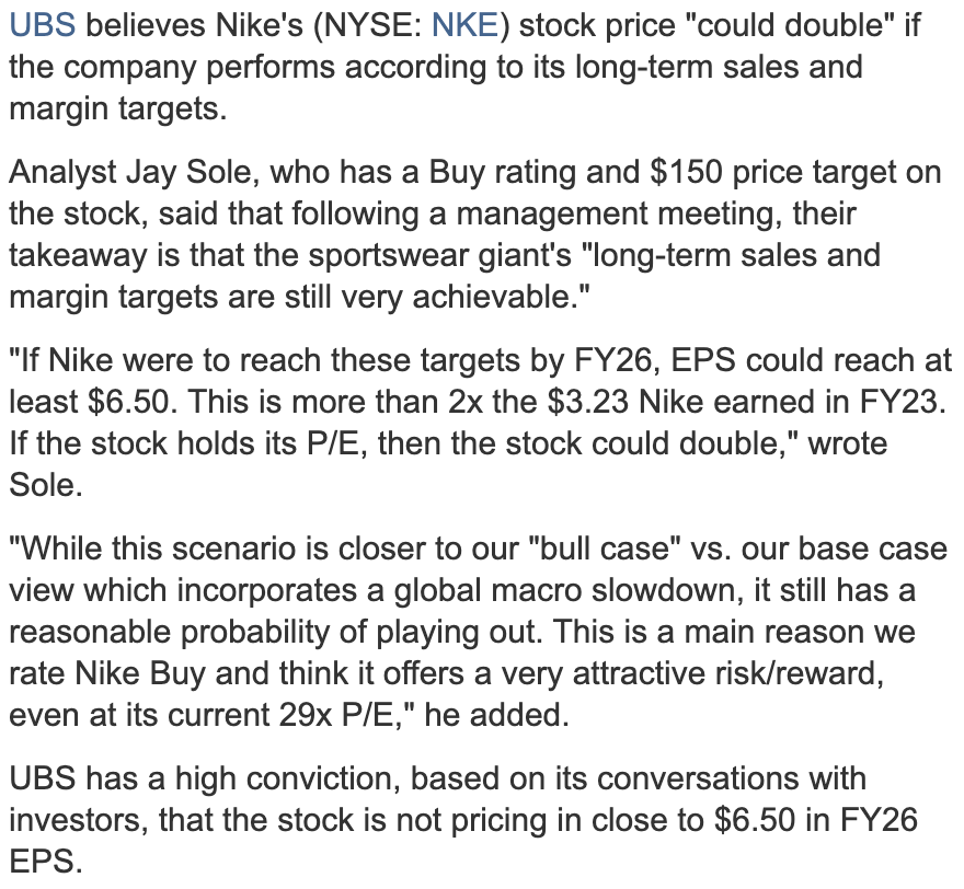 $NKE UBS believes that Nike could double from here:


