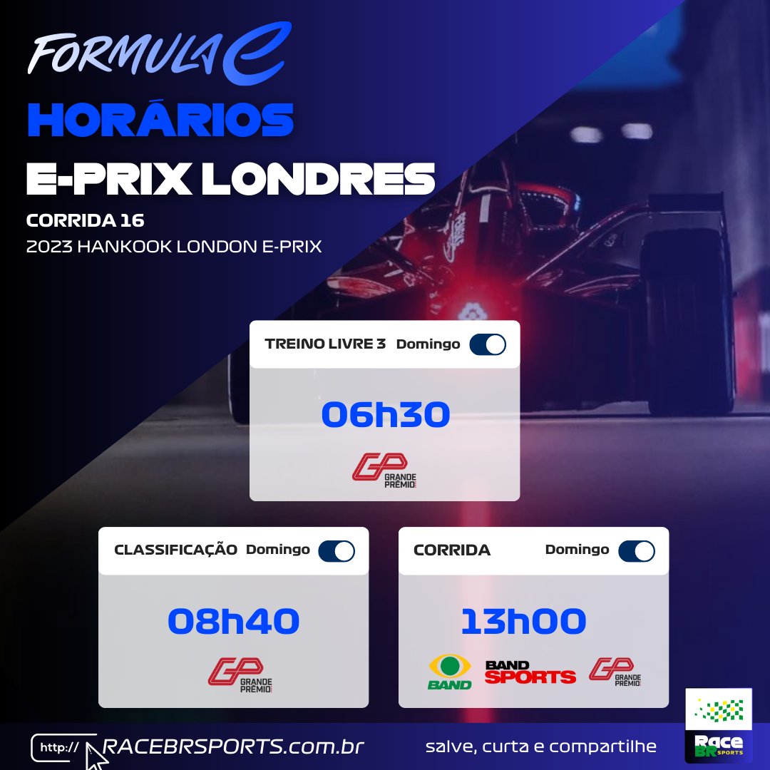 RACE WEEK 🏁

Confira os horários da última rodada da 9ª temporada da @fiaformulae que acontece novamente em Londres com direito a rodada dupla.

Quem será que leva o título ?

#LondonEPrix #ChangeAccelerated 🏎⚡️🌍 #fenobandsports #ABBFormulaE #FormulaE