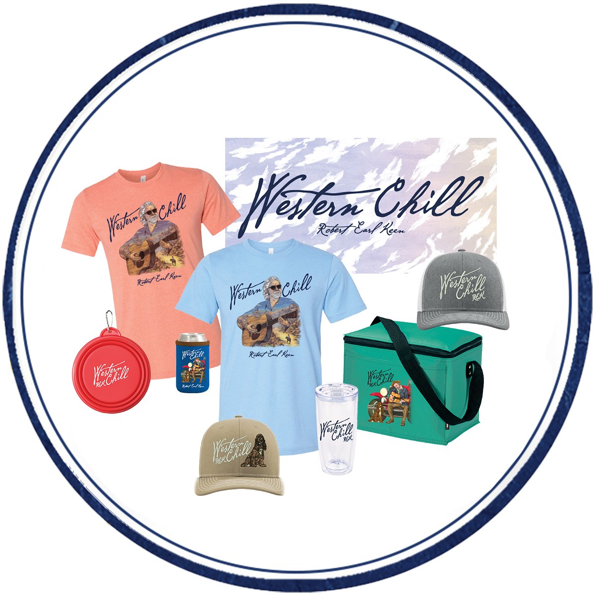 Hey ya'll check out the new Western Chill merchandise. The products are a representation of the 'Great' Western Chill Box set/Graphic Novel sold back in March 2023. We have some awesome summer colors in the shirts, koozies and caps, etc. Along with Robert Earl Keens dog, Mac.