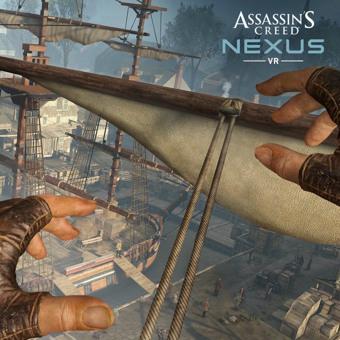 A static image of Connor with a first-person point of view, walking on ropes hanging between two boat masts. Connor (you) is balancing himself using both his arms. In the top right corner is the Assassin’s Creed Nexus VR logo.