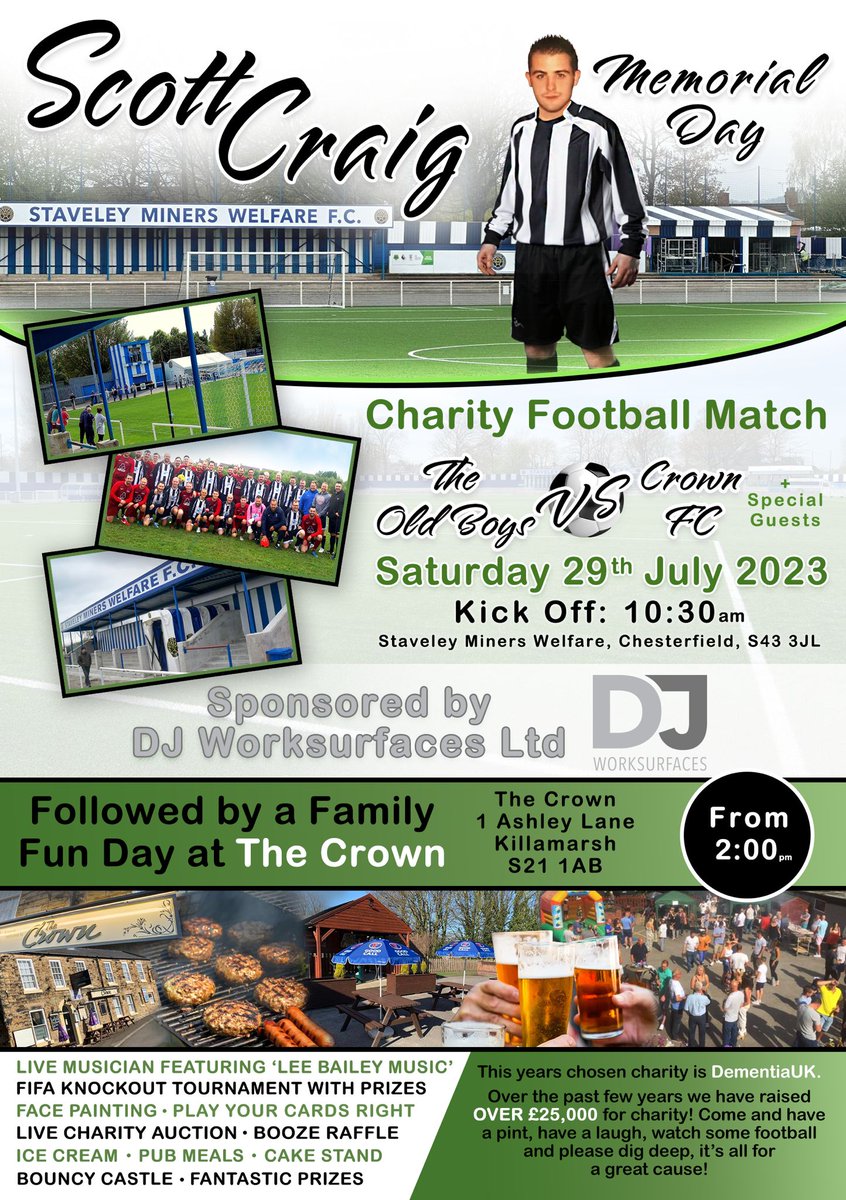 Charity Football Match at <a href="/StaveleyMWFC/">Staveley MWFC</a>, followed by a Family Fun Day at <a href="/officialckfc/">Killamarsh FC</a>. This Saturday 29th July. Bring the family and help raise money for <a href="/DementiaUK/">Dementia UK</a>! #staveleyminerswelfare #thecrown #killamarsh #dementiauk #charityevent #doorsteppa