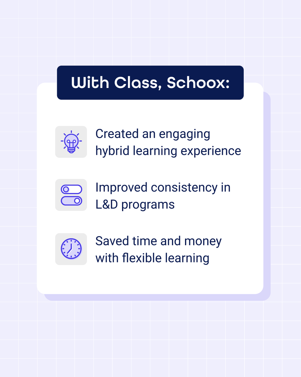 From engaging breakout rooms to customizable course templates, see how @schoox uses Class to streamline course delivery and increase employee engagement from anywhere --> bit.ly/3DsOaYl #WorkplaceLearning #LearningAndDevelopment #EmployeeEngagement #VirtualClassroom