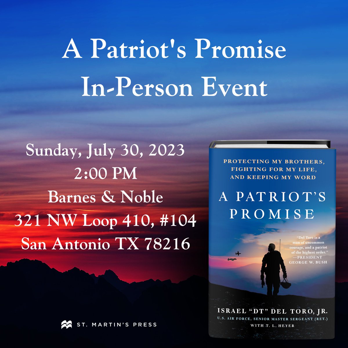 IDelToro21's tweet photo. Friends & family,
This coming Sunday 30 July @ 2pm I’ll be in San Antonio, TX doing a book signing. This is my first official public signing, so if you’re in the area coming on down or pass the word along about it. #FirstBookSigning #APatriotsPromise #StayStrongFinishStrong #NFQ https://t.co/anx2hfcIb2