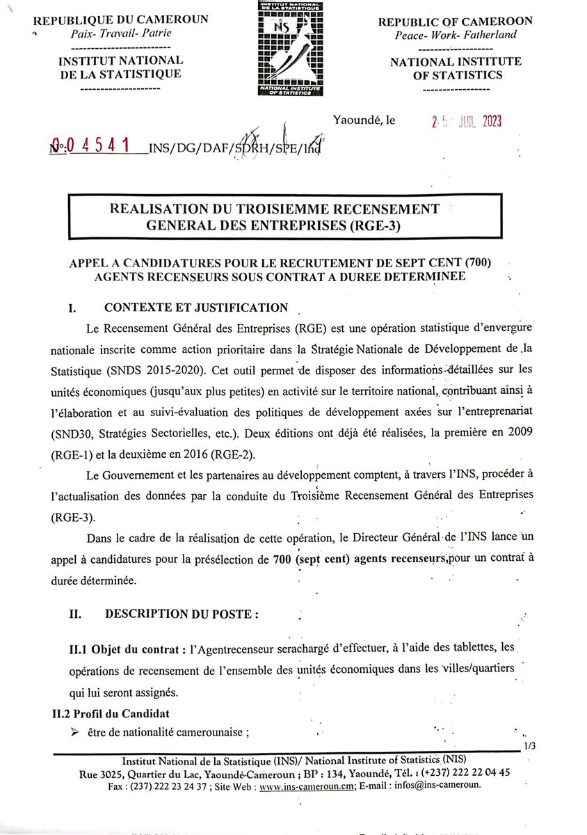 Appel à candidatures pour le recrutement de 700 agents recenseurs pour la réalisation du RGE3