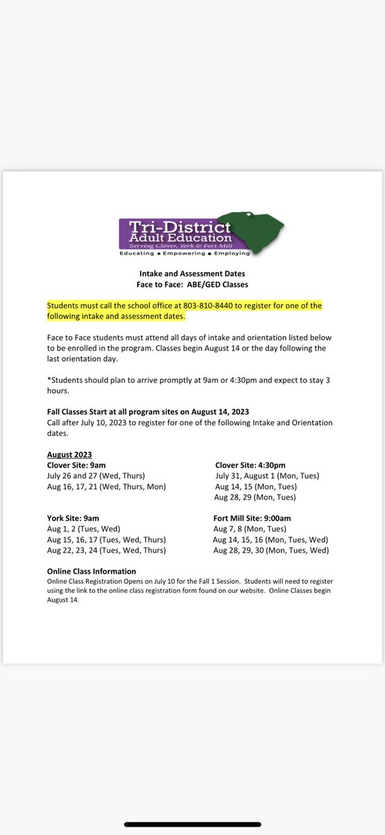 Information on Tri-District Adult Education’s upcoming dates for enrolling for ABE/GED classes.