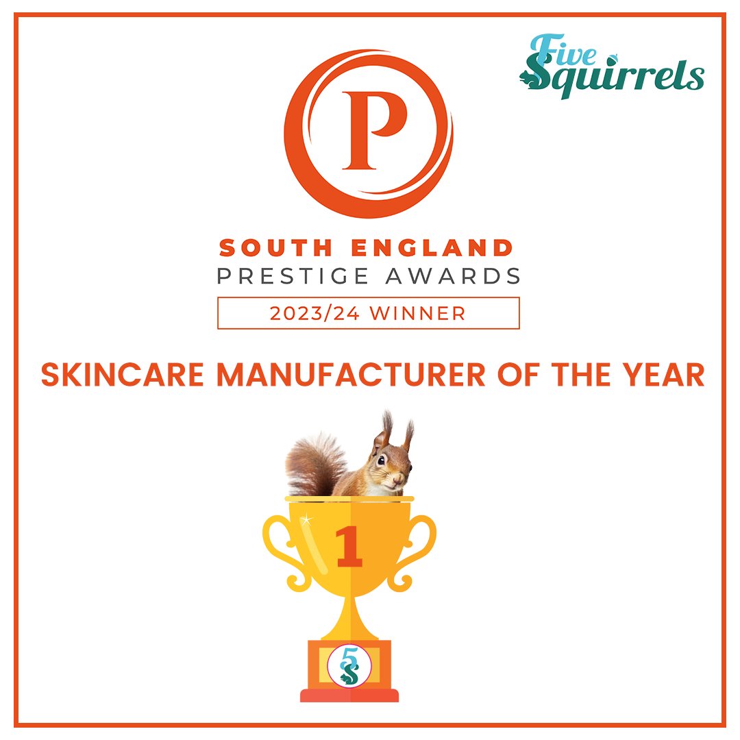 Exciting news! 5 Squirrels has won the Prestige Award for BEST SKINCARE MANUFACTURER in South England! This award is a testament to our brilliant team's hard work and the loyalty of our fantastic clients.

#5Squirrels #prestigeawards #growyourownbrand #skincare