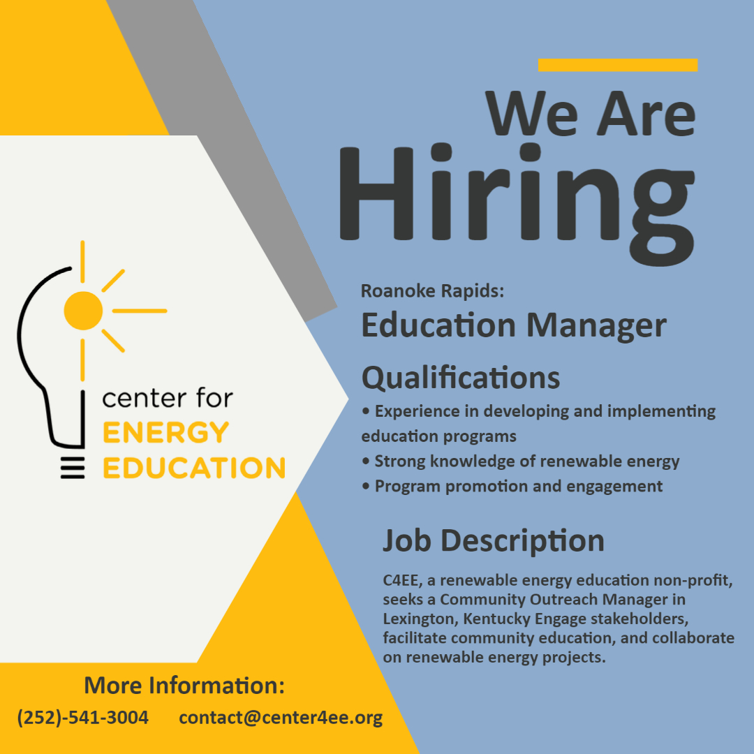 Passionate about clean energy? Join us! 🌿🔬🌞 C4EE is seeking an Education Manager to develop programs, collaborate, and inspire. Apply: contact@center4ee.org 

#EducationManager #NCJobs #RoanokeRapids #JoinUs