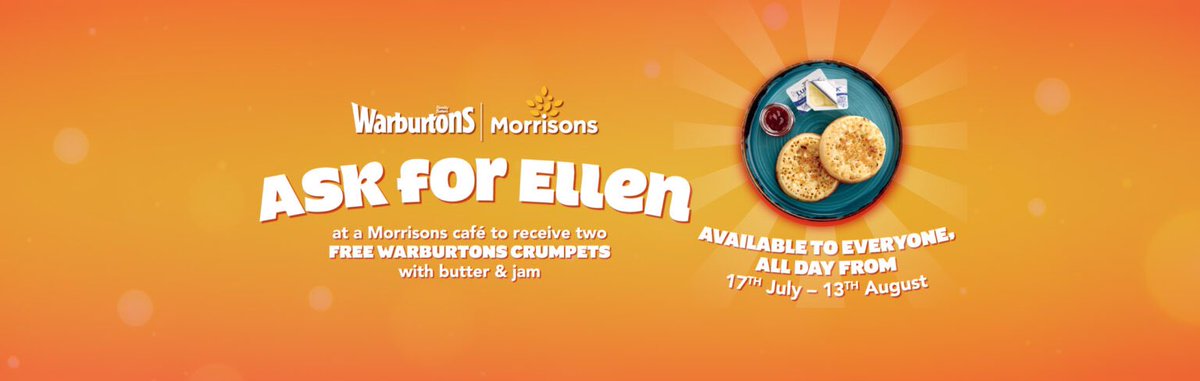 We just want to share this fantastic initiative from <a href="/Morrisons/">Morrisons</a> &amp; <a href="/Warburtons/">Warburtons</a> who are running an Ask for Ellen campaign which will be available in all Morrisons Cafe’s. 

If you ask for Ellen, you will receive x2 free crumpets with some butter and jam. 👏