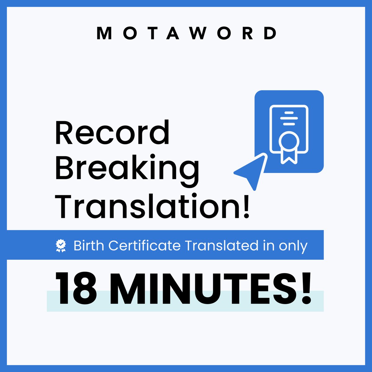 motaword's tweet image. 18 minutes! ⏰ That&apos;s all it took for us at #MotaWord to deliver a certified birth certificate translation to a happy USCIS applicant. Beat the clock, not your head. #FastAndAccurate #TranslationServices #MotaWordRecord 🎖️ #FastTranslation #ChallengeAccepted