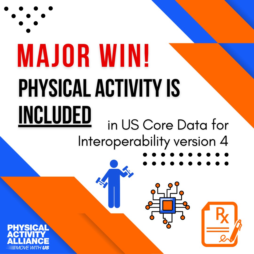 BREAKING: PAA's #PhysicalActivity data element made the new @ONC_HealthIT US Core Data for Interoperability version 4!

Electronic Health Records will now need to capture patients' exercise routines. A HUGE win for PA assessment, prescription, &amp; referral!
myemail.constantcontact.com/Major-Mileston…
