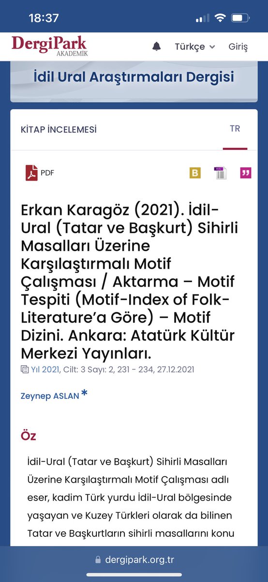 Tatar ve Başkurt sihirli masallarını konu aldığım kitabım için bir tanıtma yazısı yazan @zeynepaslan_tr ‘nin makalesinden eser hakkında fikir sahibi olabilirsiniz. Tanıtma yazısı için bu vesileyle kendisine teşekkür ederim. dergipark.org.tr/tr/download/ar…