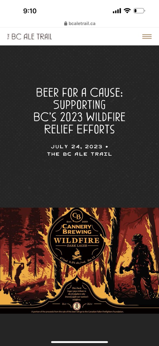 Read about our Wildfire Dark Lager on the @BCAleTrail. Partial proceeds support the Canadian Fallen Firefighters Foundation. @CanFirefighters @VisitPenticton bcaletrail.ca/beer-for-a-cau…