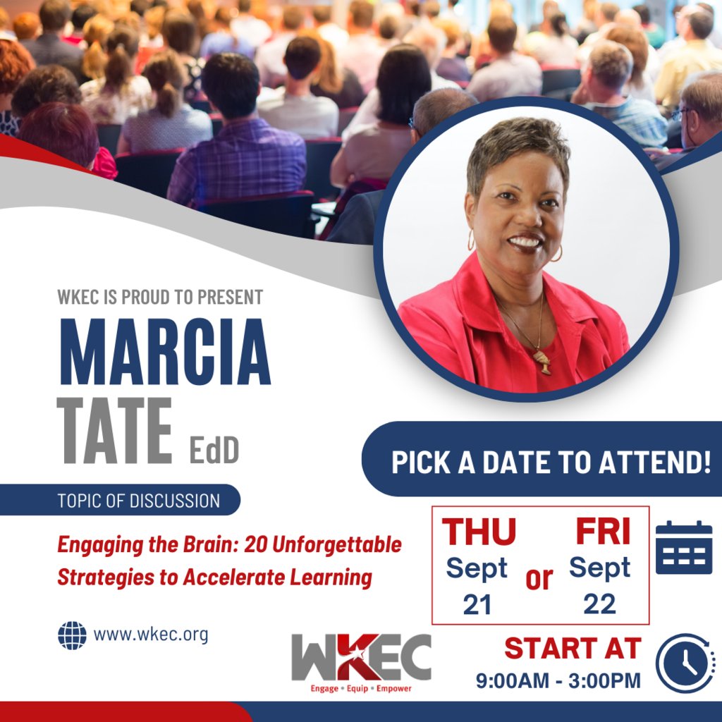 Just Announced📢 Marcia Tate is coming to WKEC this Fall! Pick a day to attend a vibrant day of learning : 20 Unforgettable Strategies to Accelerate Learning! 
🔗bit.ly/MarciaTateWKEC